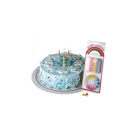 velita cumpleaños + 12 soportes 8cms surtido cera (pack 24 unid.)